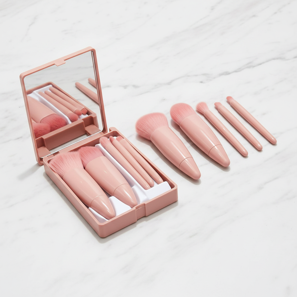 Flat lay of pink makeup brush set with mirror box on marble