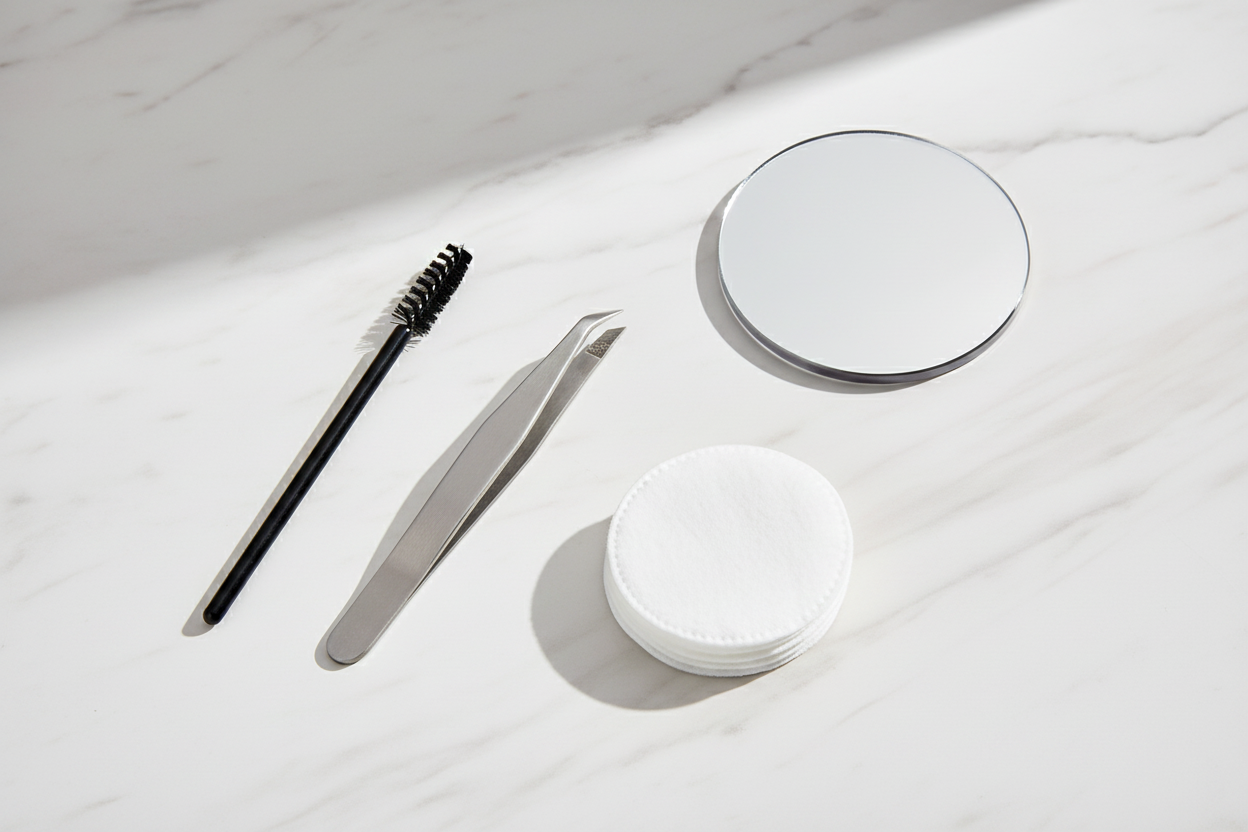 Orial tweezer flat-lay on marble surface with beauty accessories