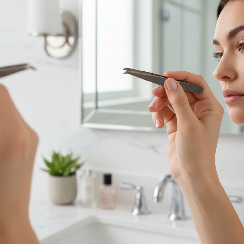 Woman shaping eyebrows with Orial stainless steel tweezer