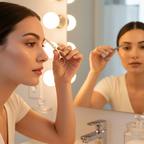 Woman trimming eyebrows with curved scissors in mirror