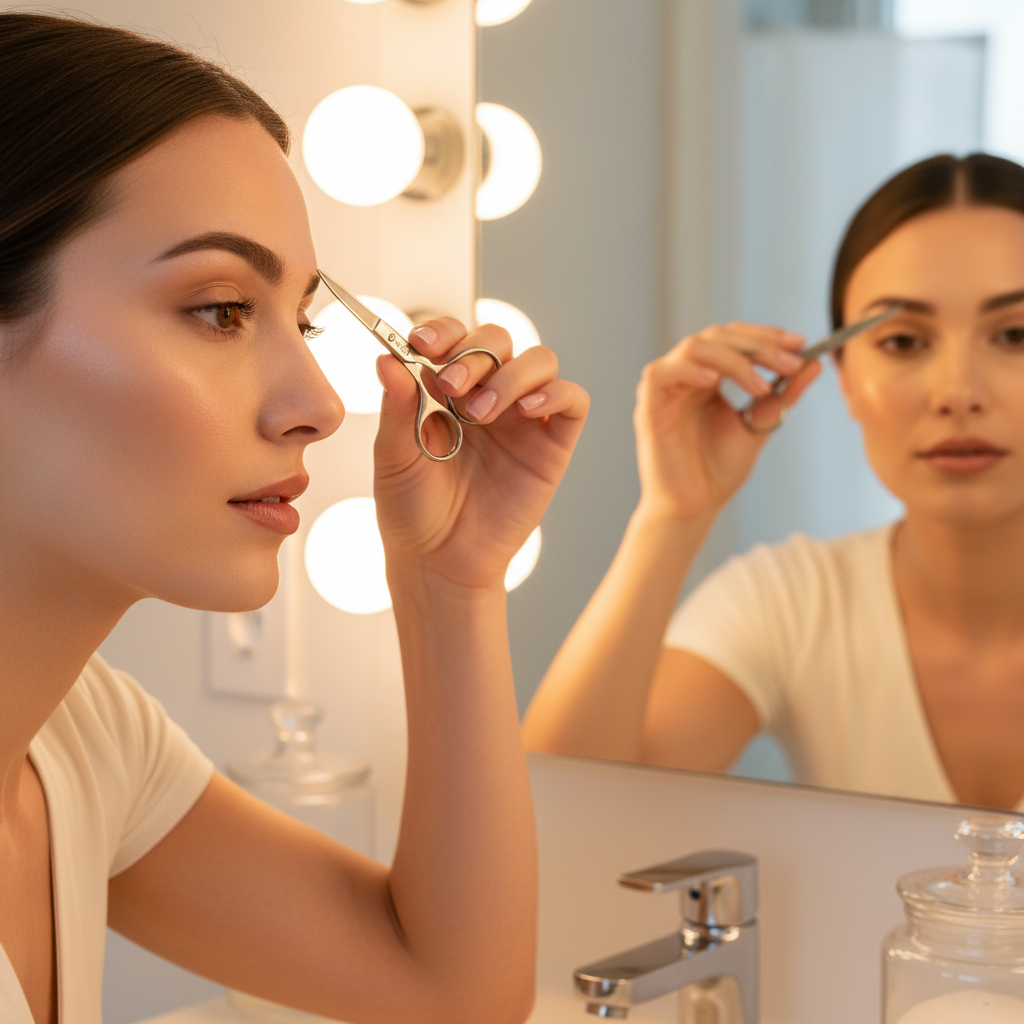 Woman trimming eyebrows with curved scissors in mirror