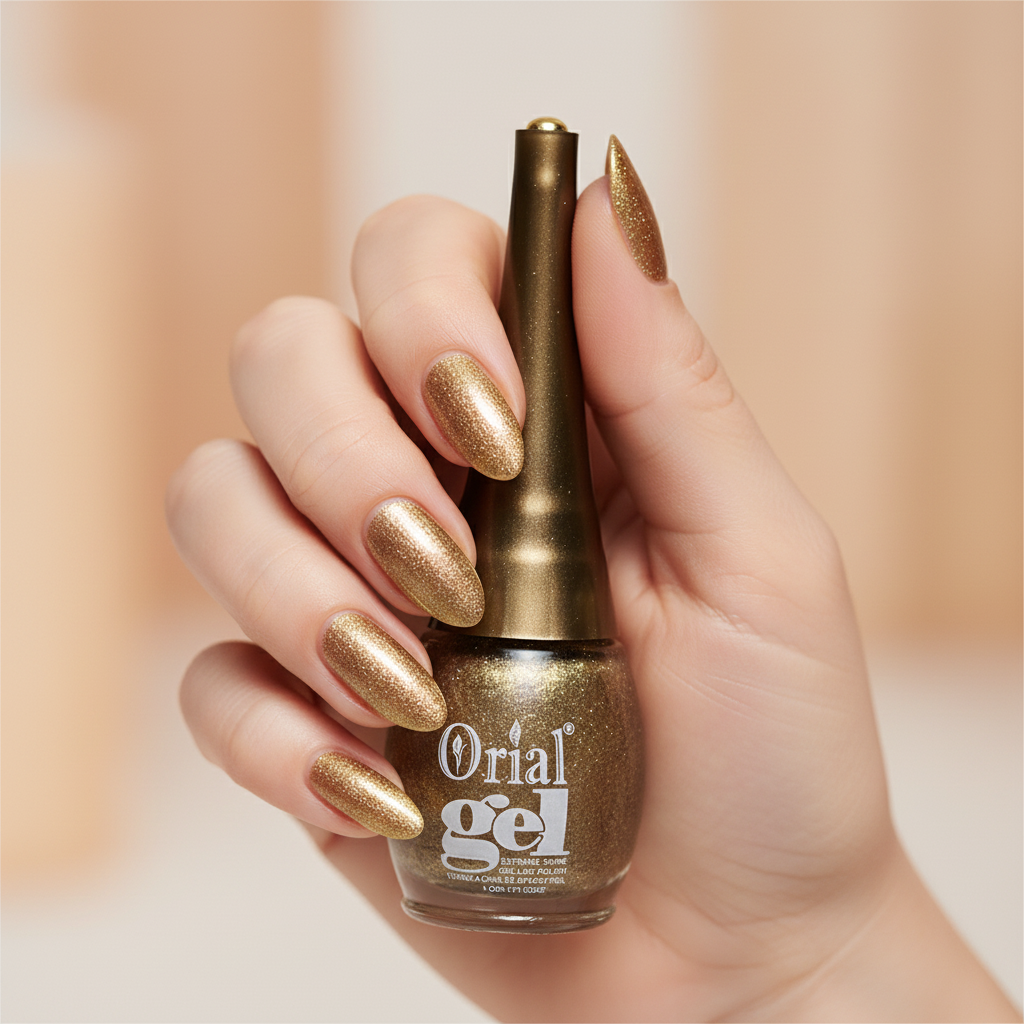 Woman with gold glitter nails holding Orial Gel gold nail polish bottle