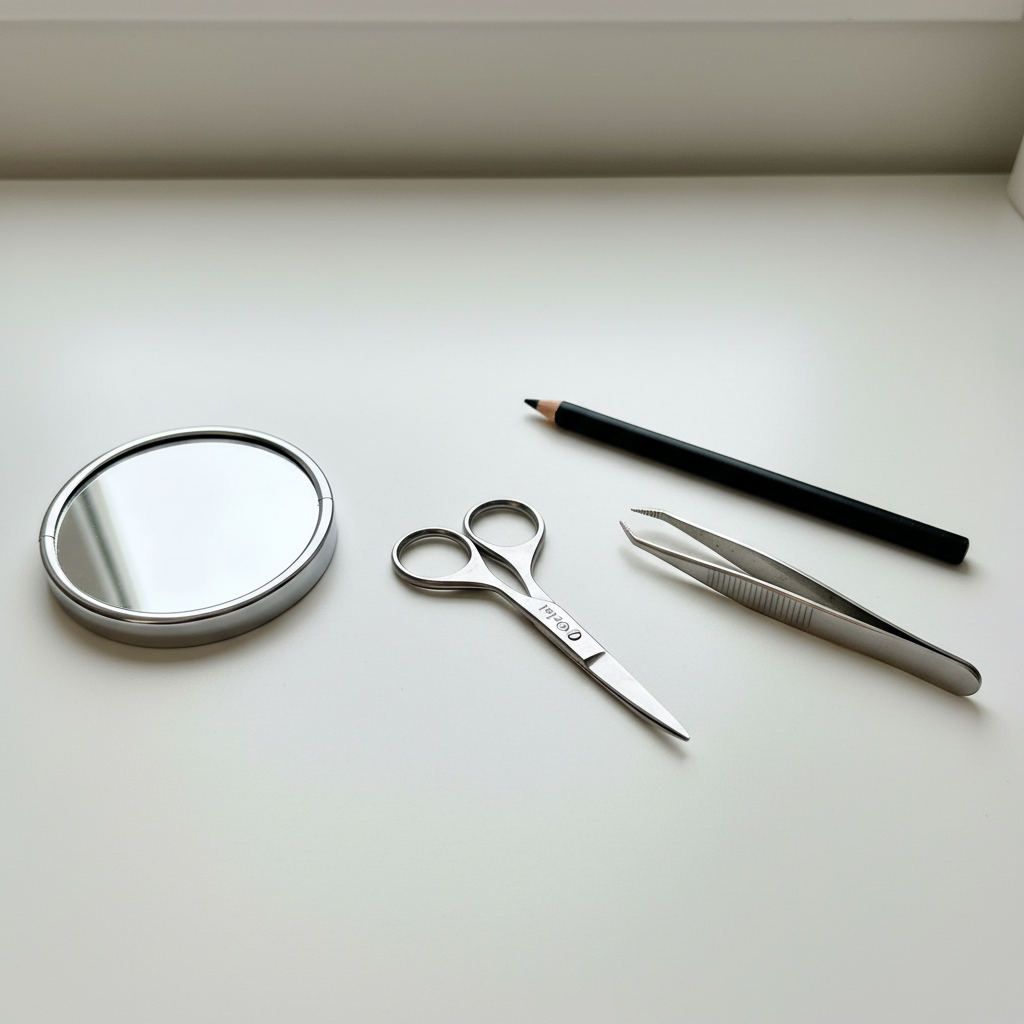 Orial eyebrow scissors flat lay with beauty tools on vanity