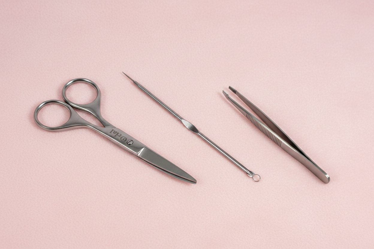 Orial beauty tools set – scissors, tweezer and blackhead tool on pink background