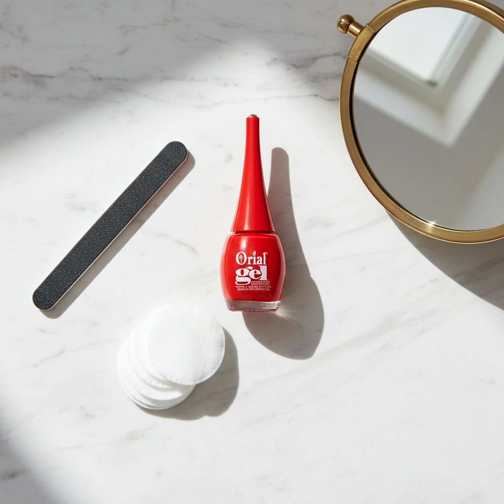 Orial Gel red nail polish flat-lay on marble with beauty accessories