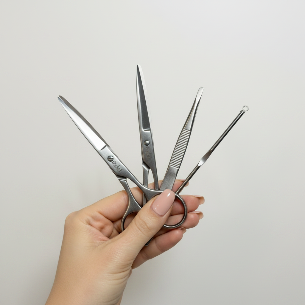 Hand holding Orial beauty grooming set - scissors, tweezers and blackhead tool
