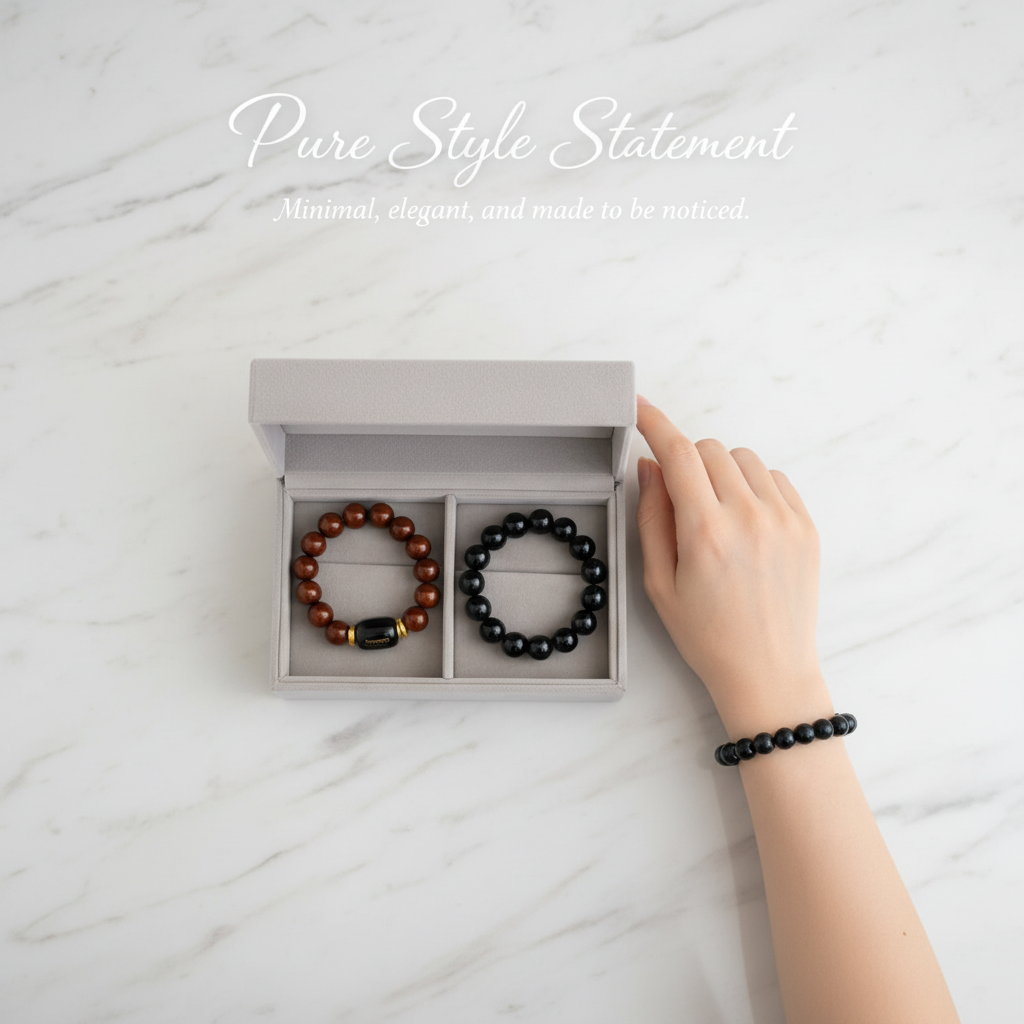 Red Jasper and Black Onyx Bracelet Set flat lay on marble
