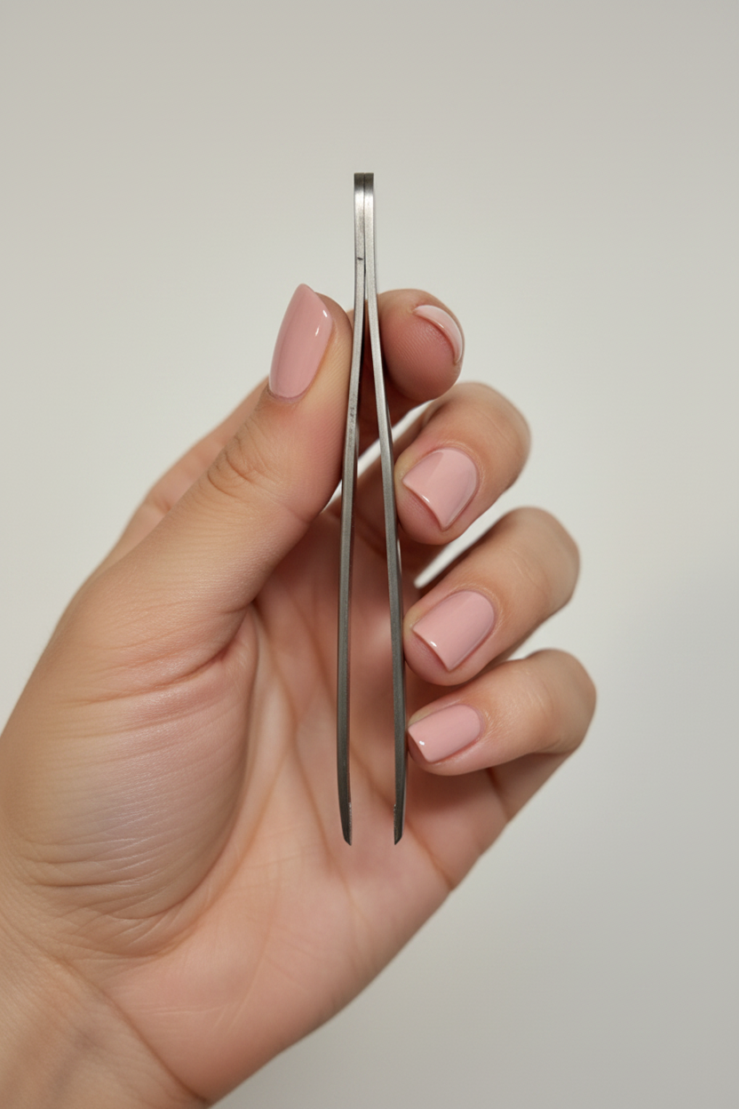 Close-up of hand holding Orial stainless steel tweezer