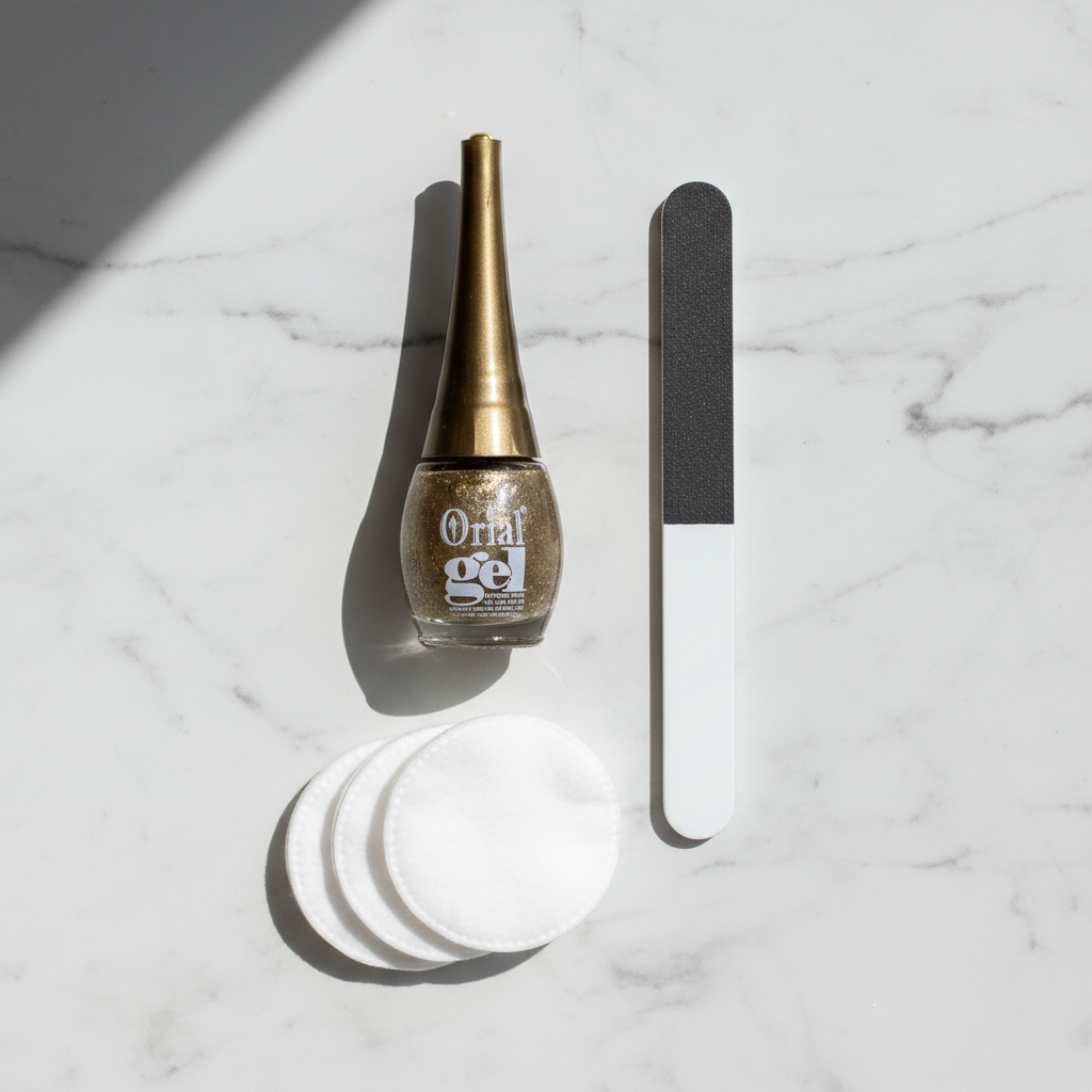 Orial Gel gold glitter nail polish flat-lay on marble