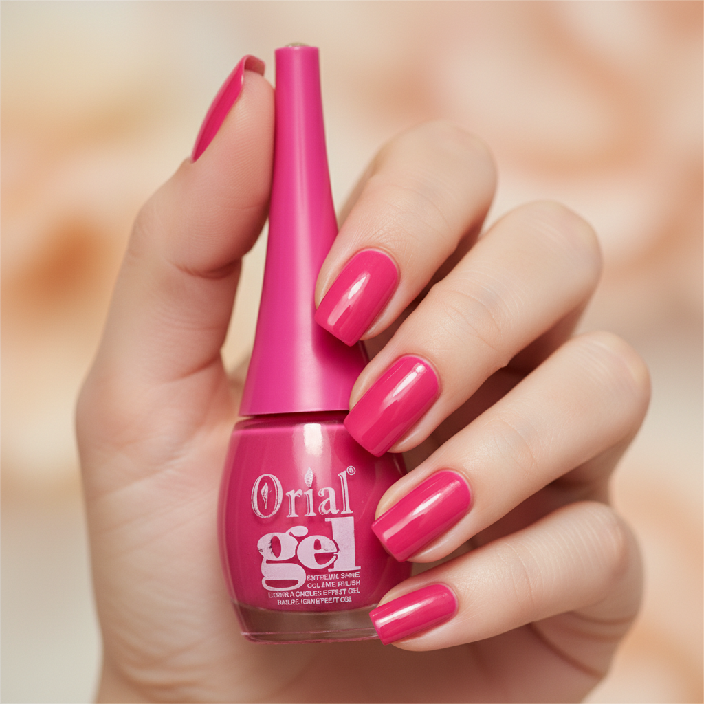 Woman with hot pink nails holding Orial Gel pink nail polish bottle
