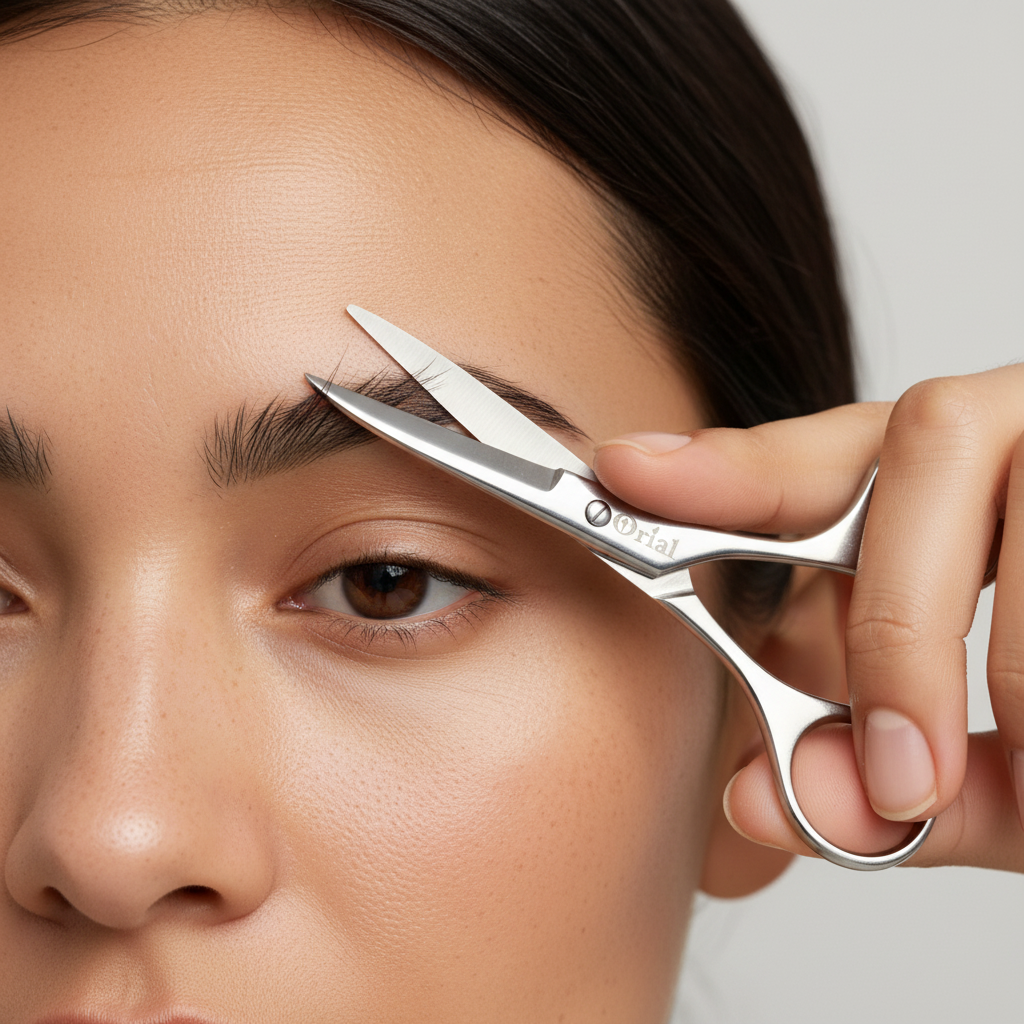 Hand using Orial curved scissors to trim eyebrows