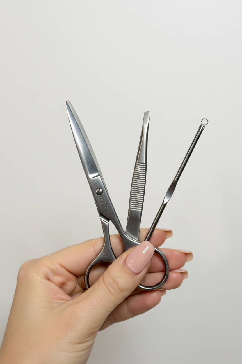 Elegant hands holding Orial beauty tools set – scissors, tweezer and blackhead extractor