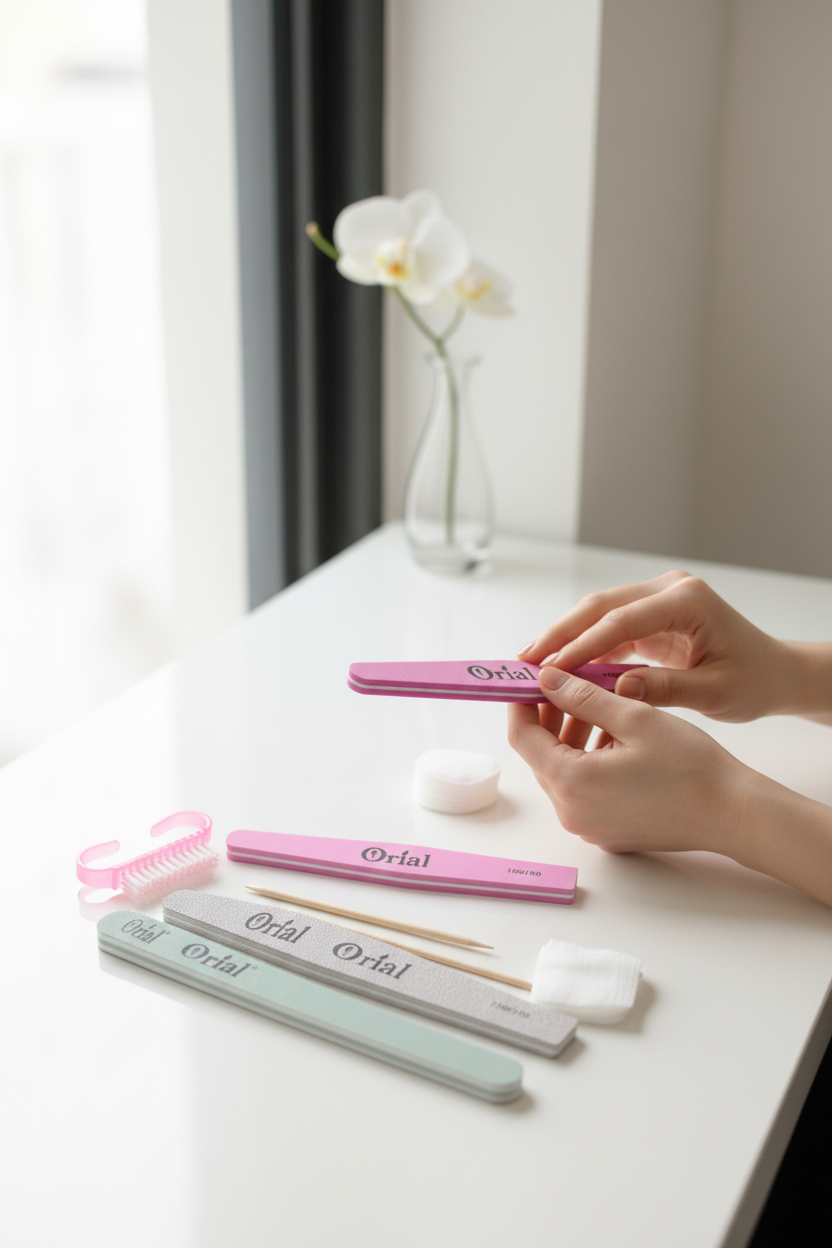 Woman filing nails with Orial pink nail file at vanity