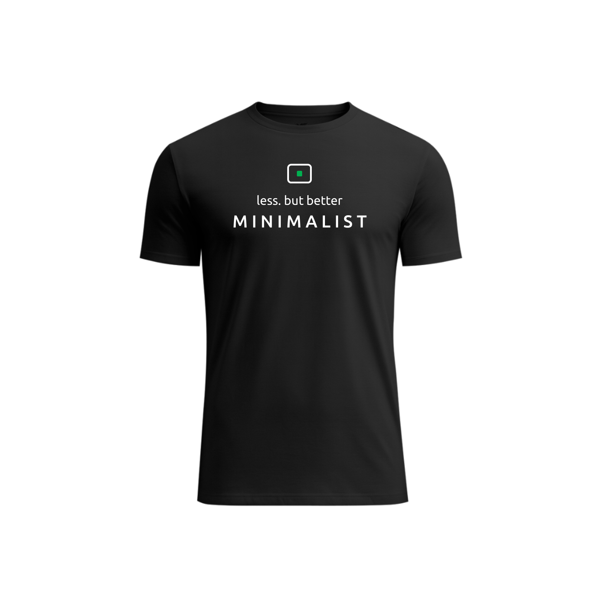 A black short-sleeve crewneck t-shirt with a minimalist chest graphic that reads 'less. but better MINIMALIST' in white text, shown on a plain white background.