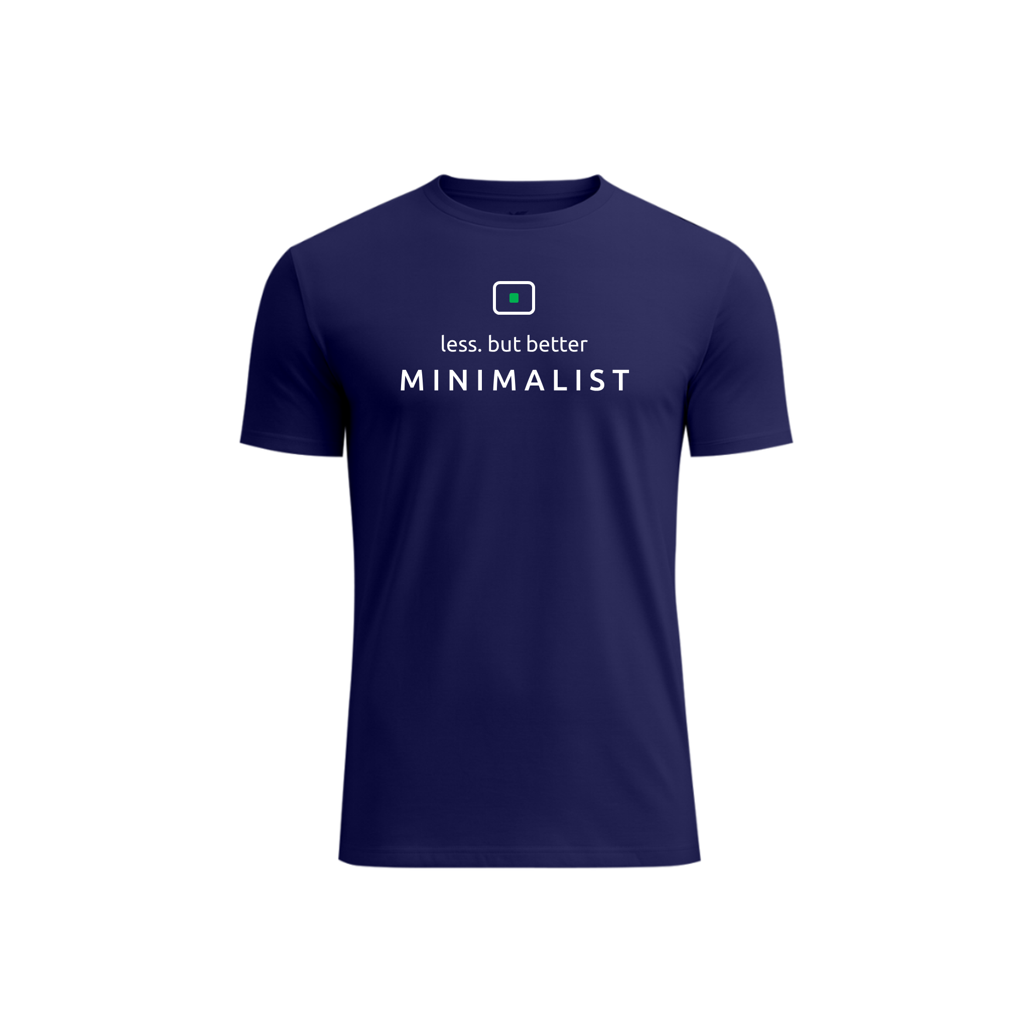 A navy blue short-sleeve crewneck t-shirt with a minimalist chest graphic that reads 'Less. But better MINIMALIST' in white text, shown on a plain white background.