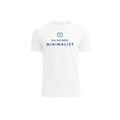 A white short-sleeve crewneck t-shirt with a minimalist graphic on the chest featuring a small blue and green icon above the text 'less. but better MINIMALIST' in navy blue, displayed on a clean white background.