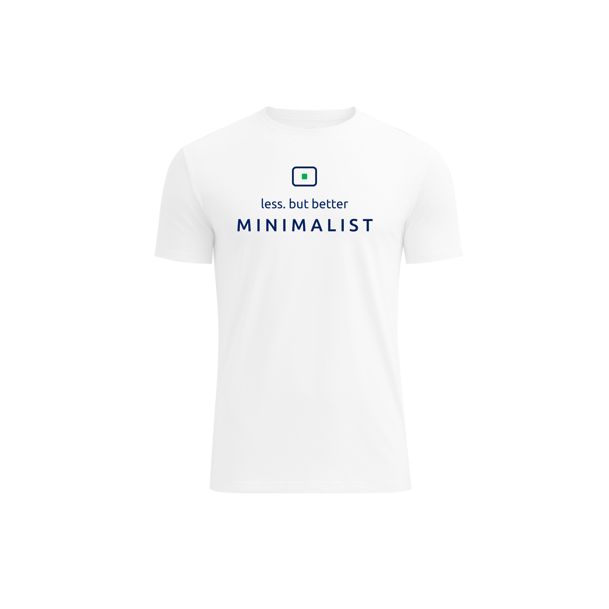 A white short-sleeve crewneck t-shirt with a minimalist graphic on the chest featuring a small blue and green icon above the text 'less. but better MINIMALIST' in navy blue, displayed on a clean white background.