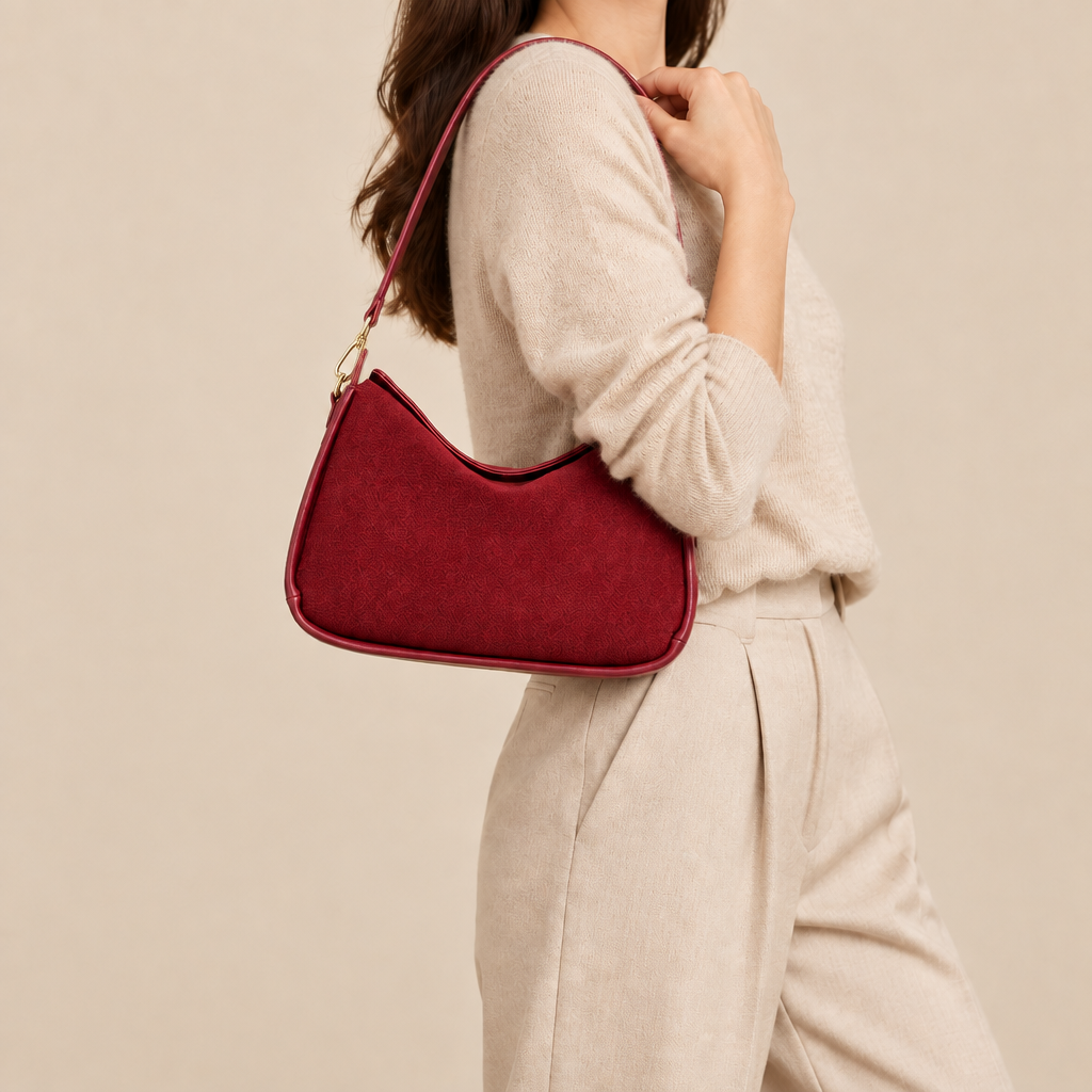 Model carrying the red bag with one strap