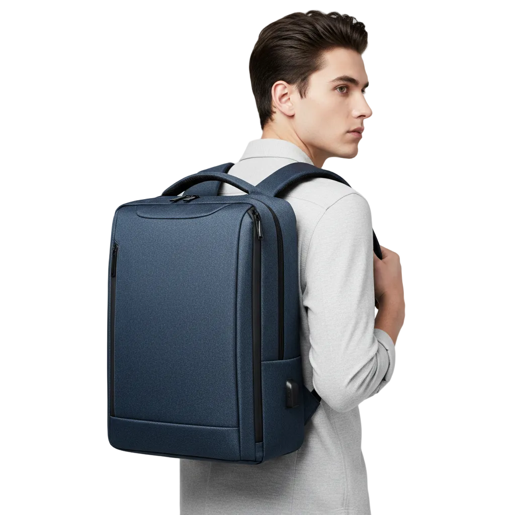 Navy Blue Backpack – Zoomed Male Model