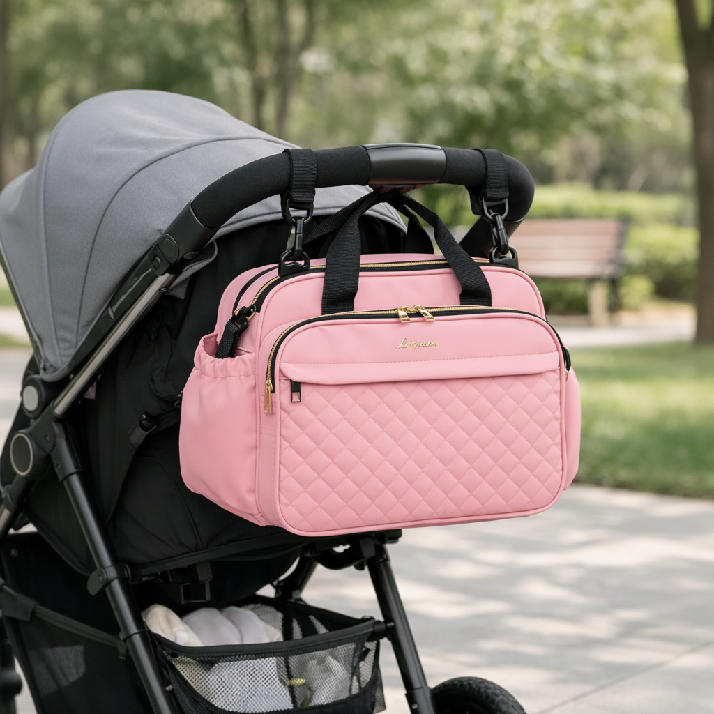 Pink Diaper Bag on Stroller - Square