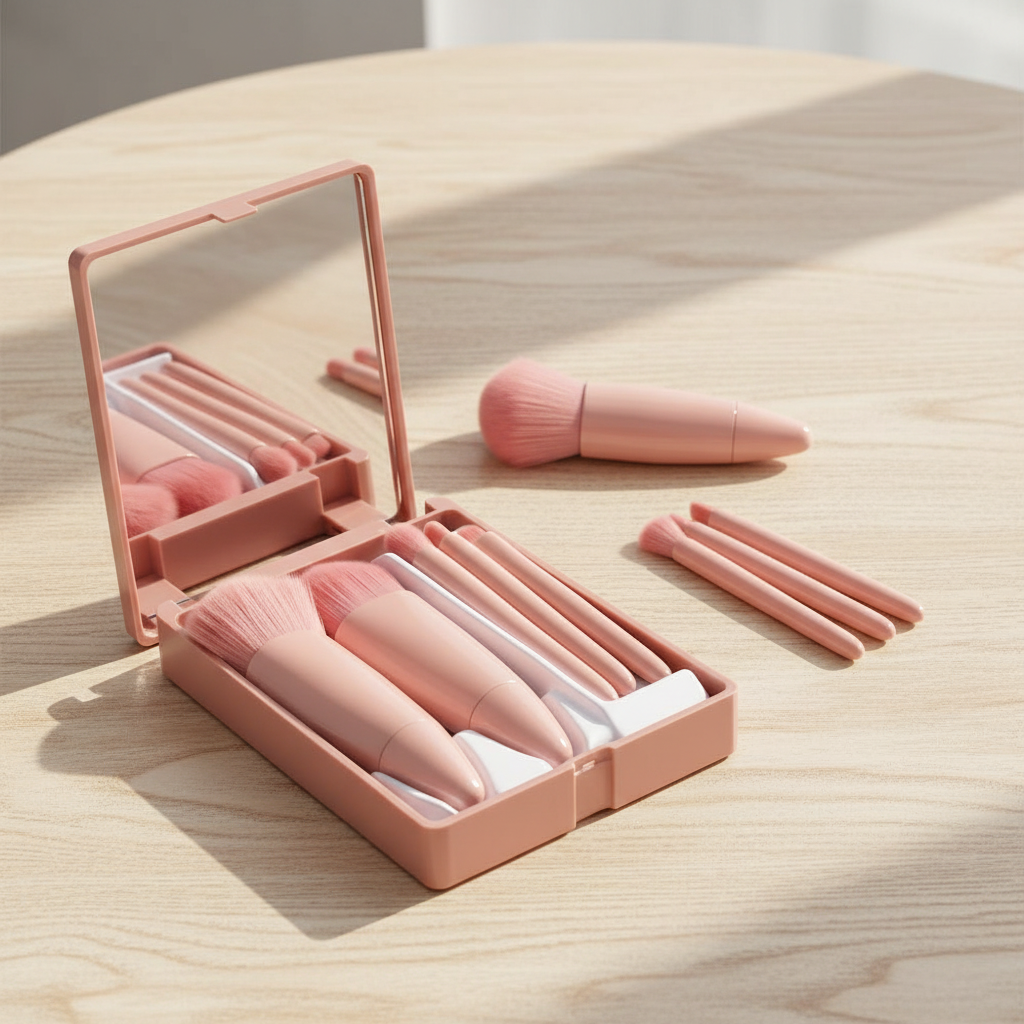 Pink makeup brush set open on wooden table