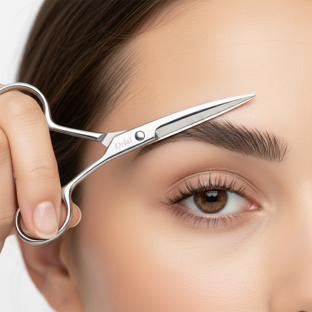 Woman trimming eyebrow with Orial curved scissors – lifestyle thumbnail