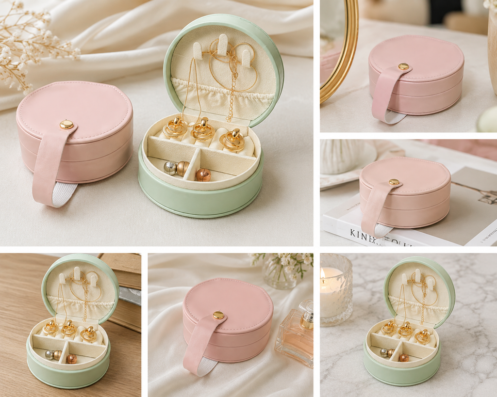 A collage showing a round jewelry box in two colorways: pastel pink with a cream strap and gold clasp, and pastel mint green with a cream strap and gold clasp. The box is shown closed and open, containing gold and pearl jewelry, in various styled settings with fabric, books, and candles.