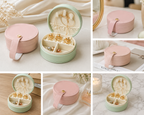 A collage showing a round jewelry box in two colorways: pastel pink with a cream strap and gold clasp, and pastel mint green with a cream strap and gold clasp. The box is shown closed and open, containing gold and pearl jewelry, in various styled settings with fabric, books, and candles.