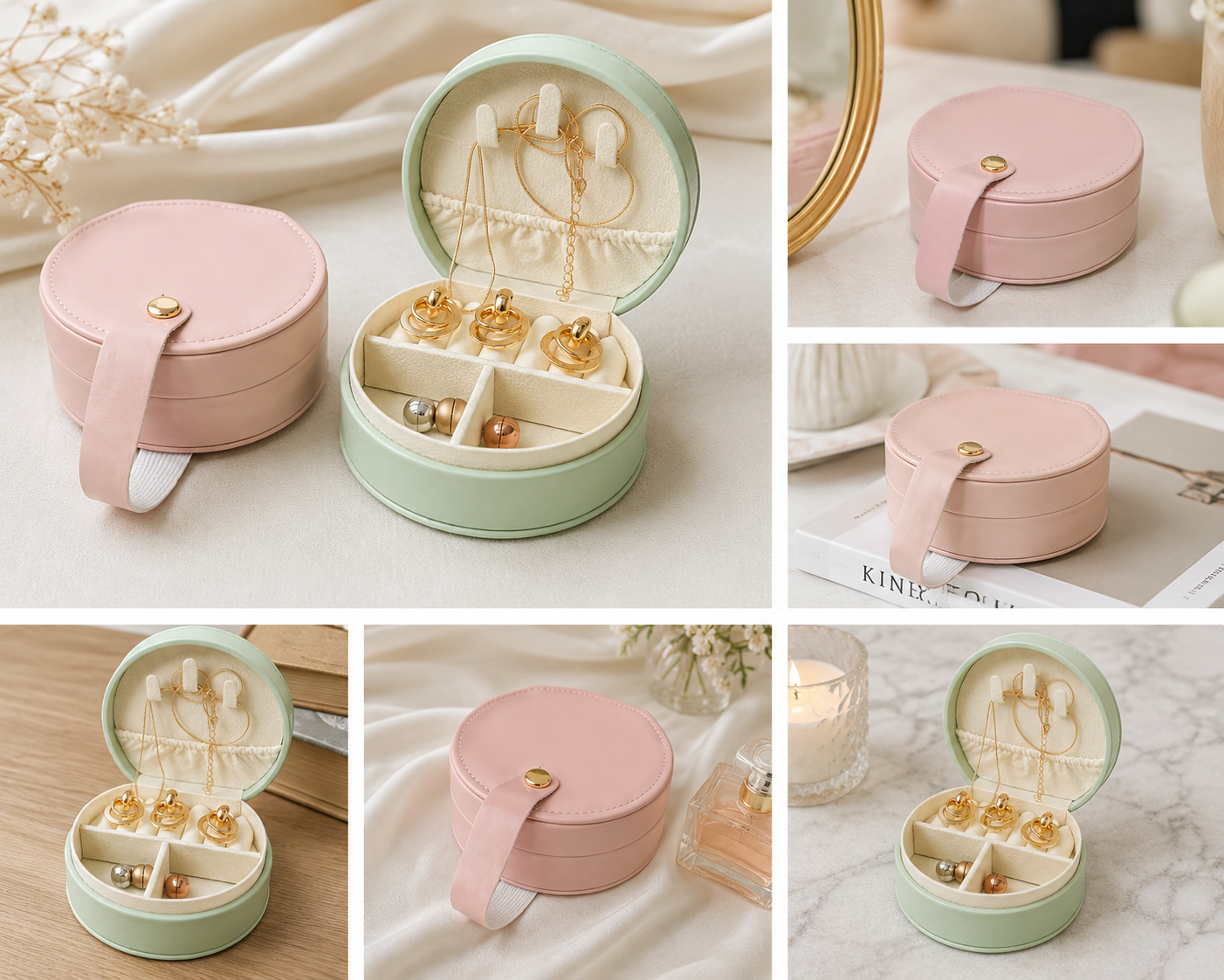 A collage showing a round jewelry box in two colorways: pastel pink with a cream strap and gold clasp, and pastel mint green with a cream strap and gold clasp. The box is shown closed and open, containing gold and pearl jewelry, in various styled settings with fabric, books, and candles.